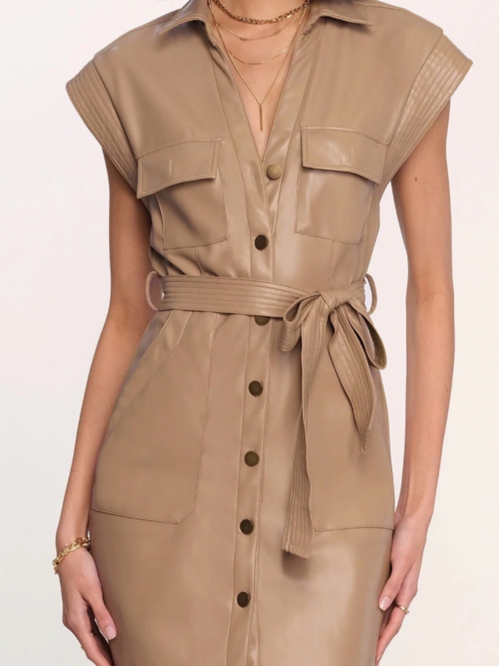 Heartloom Tan Faux-Leather Belted Shirt Midi Dress